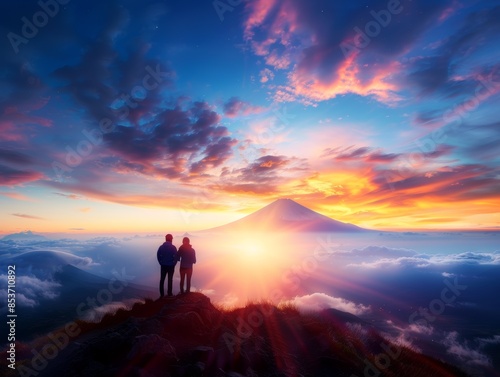Couple standing on a mountain peak, gazing at the sunrise with a breathtaking view of a distant volcano under colorful, dramatic skies.