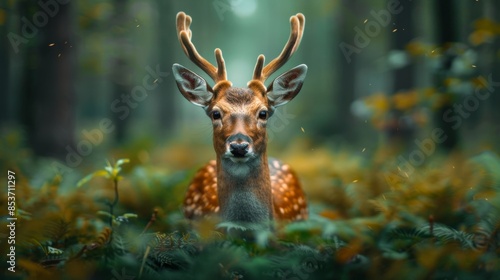 Majestic deer with antlers standing in forest. Captivating nature wildlife photo showcasing greenery and peaceful ambiance. © Narongsak