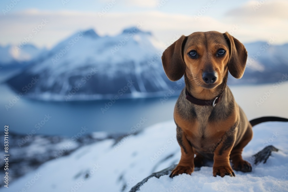 Portrait of a cute dachshund in backdrop of an arctic landscape