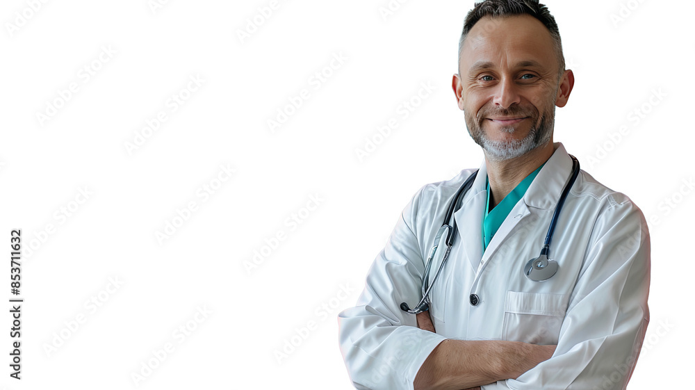 Middle-aged male doctor in white coat with stethoscope, isolated on white background, smiling, arms crossed. Premium PNG format, transparent background. Ideal for healthcare, medical ads, education Middle-aged male doctor in white coat with stethoscope, isolated on white background, smiling, arms crossed. Premium PNG format, transparent background. Ideal for healthcare, medical ads, education