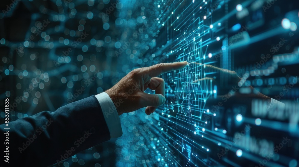 Fototapeta premium A close-up of businessman in a suit interacting with a digital hologram of a geometric structure, symbolizing innovation, technology, and futuristic business solutions, set against a blue background.