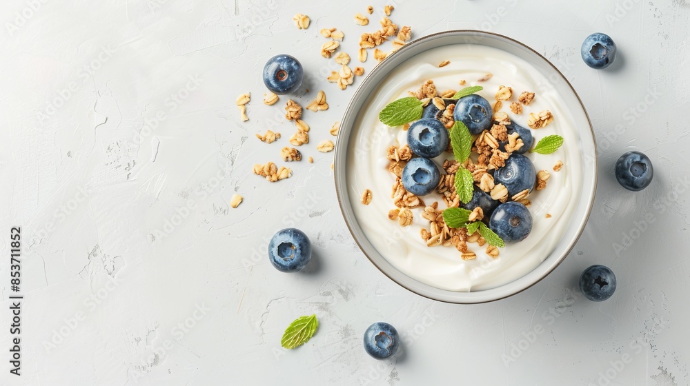 Bowl of healthy yogurt with blueberries and granola on white background. Fresh and delicious breakfast. Simple and stylish food image for blog or recipe site. Ideal for health-focused content. AI Bowl of healthy yogurt with blueberries and granola on white background. Fresh and delicious breakfast. Simple and stylish food image for blog or recipe site. Ideal for health-focused content. AI