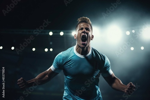 football player rejoices and celebrates on the football field, portrait, close-up photo