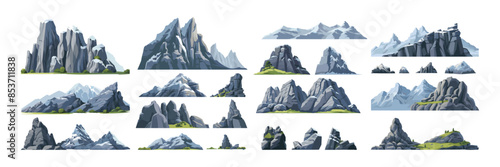 Rocks cartoon vector set. Mountains snow hills ridge stone pass green trees granite illustration isolated on white background