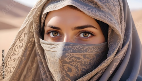 Arabic afghan arabian woman in a traditional gray veil burka niqab burqa close up portrait photo