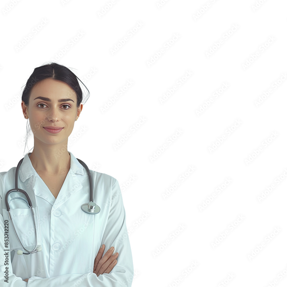 Young female doctor in white coat with stethoscope, isolated on white background, smiling, arms crossed. Premium PNG format, transparent background. Ideal for healthcare, medical ads, and educational Young female doctor in white coat with stethoscope, isolated on white background, smiling, arms crossed. Premium PNG format, transparent background. Ideal for healthcare, medical ads, and educational