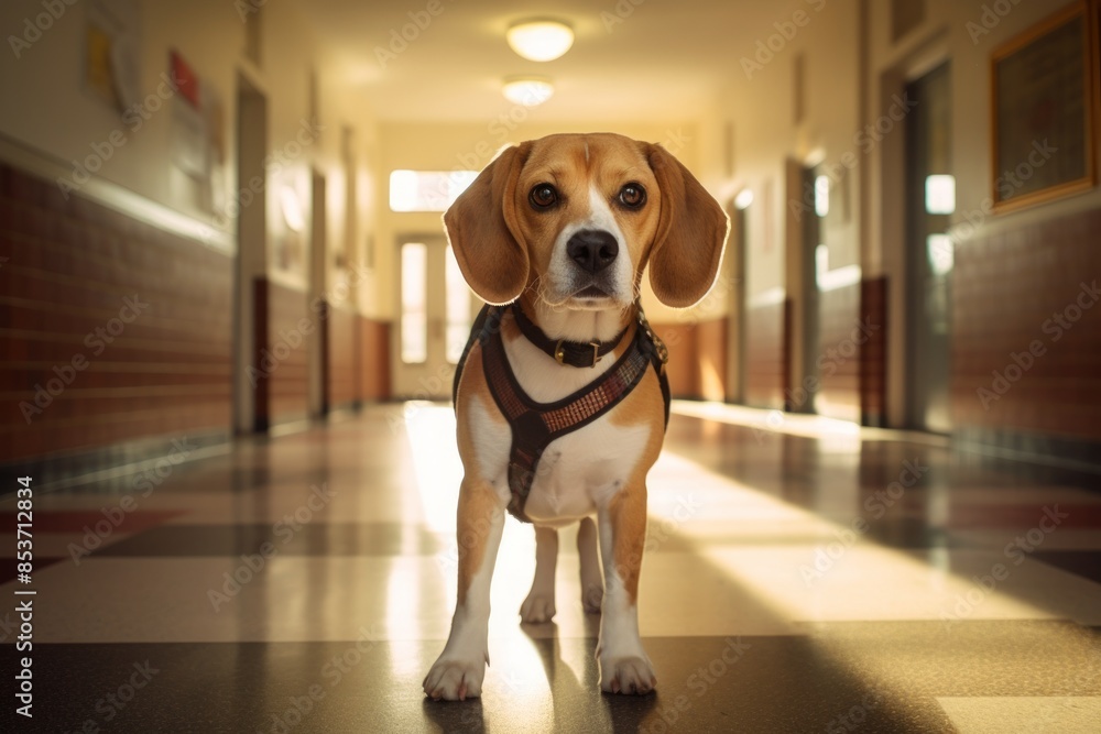 Portrait of a cute beagle in front of bustling school hallway Portrait of a cute beagle in front of bustling school hallway