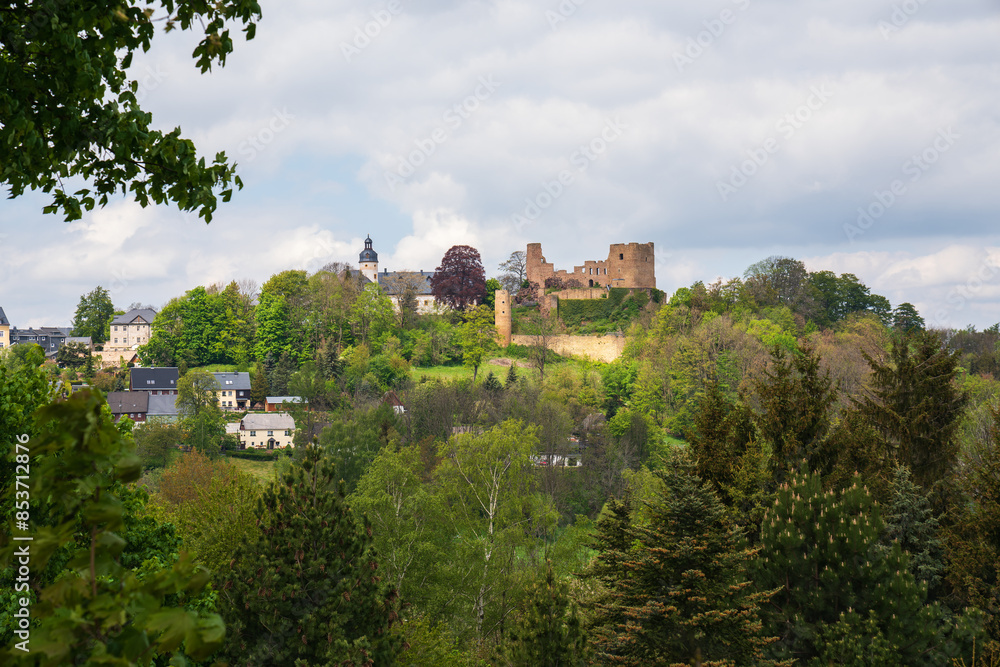Hilltop Frauenstein Castle, built in 1200. A small town at the foot of the mountain.Erzgebirge, Saxony, Germany Hilltop Frauenstein Castle, built in 1200. A small town at the foot of the mountain.Erzgebirge, Saxony, Germany