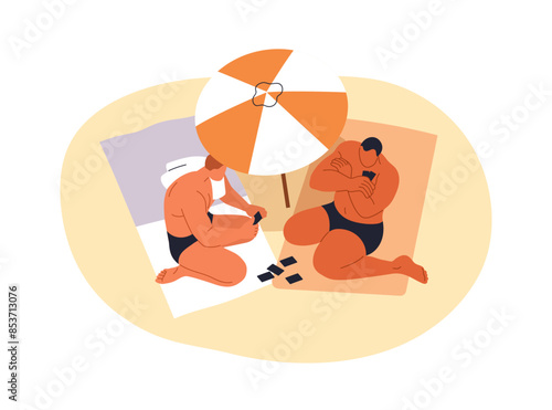 Friends playing card game on sand beach, relaxing under umbrella. Summer vacation, happy men resting, sunbathing at sea resort. Holiday leisure. Flat vector illustration isolated on white background