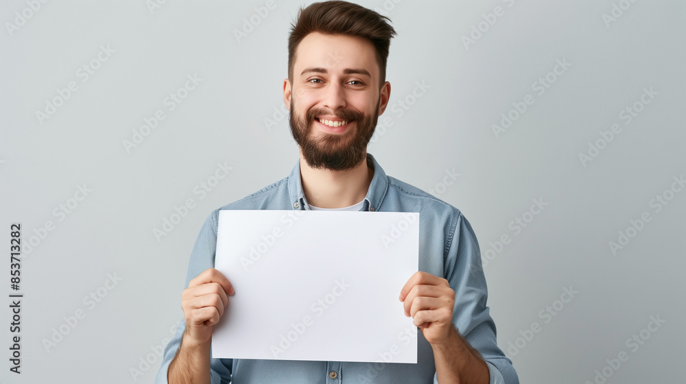 白紙のメッセージカードを持つ男性 白紙のメッセージカードを持つ男性