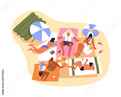 Beach summer relax. Friends group gathered for sunbathing, resting together on vacation. Holiday leisure time, relaxation at sea resort, top view. Flat vector illustration isolated on white background