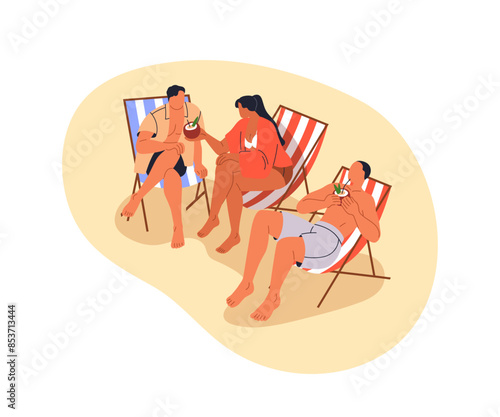 Friends on beach chaise loungers. People sunbathing and relaxing on sunbeds. Summer recreation with cocktails, enjoying vacation at sea resort. Flat vector illustration isolated on white background