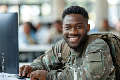 A Black veteran learning on a laptop in a school environment. photo