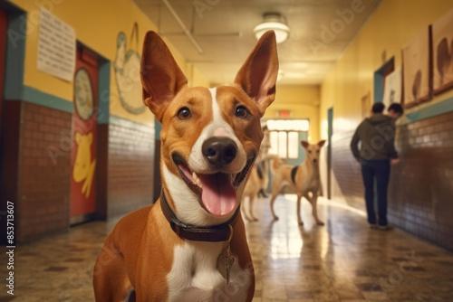 Portrait of a happy basenji dog on bustling school hallway © Markus Schröder