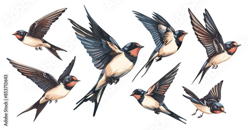 Swallow cartoon vector set. Wings feathers flying fluttering bird plumage songbird, illustration isolated on white background