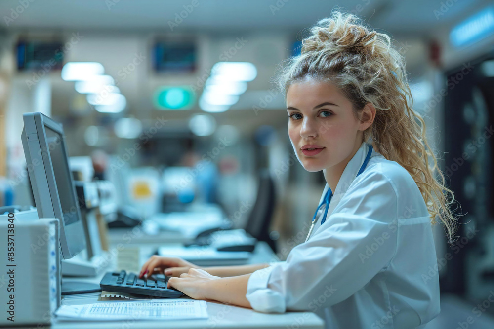 Business Analyst Woman Analyzing Medical Billing Codes and Spreadsheet Data in a Hospital Environment. Business Analyst Woman Analyzing Medical Billing Codes and Spreadsheet Data in a Hospital Environment.