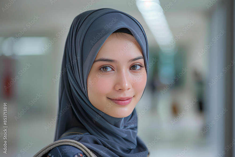 Smiling Muslim Woman in Hijab with Patterned Scarf Smiling Muslim Woman in Hijab with Patterned Scarf