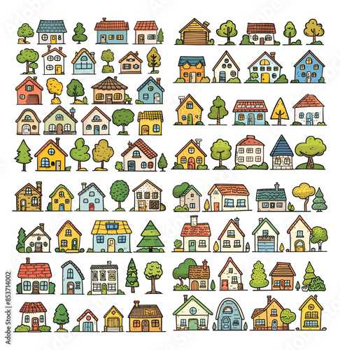 Tiny houses cartoon vector set. Country buildings trees roofs windows chimneys countryside cute color architecture illustration isolated on white background