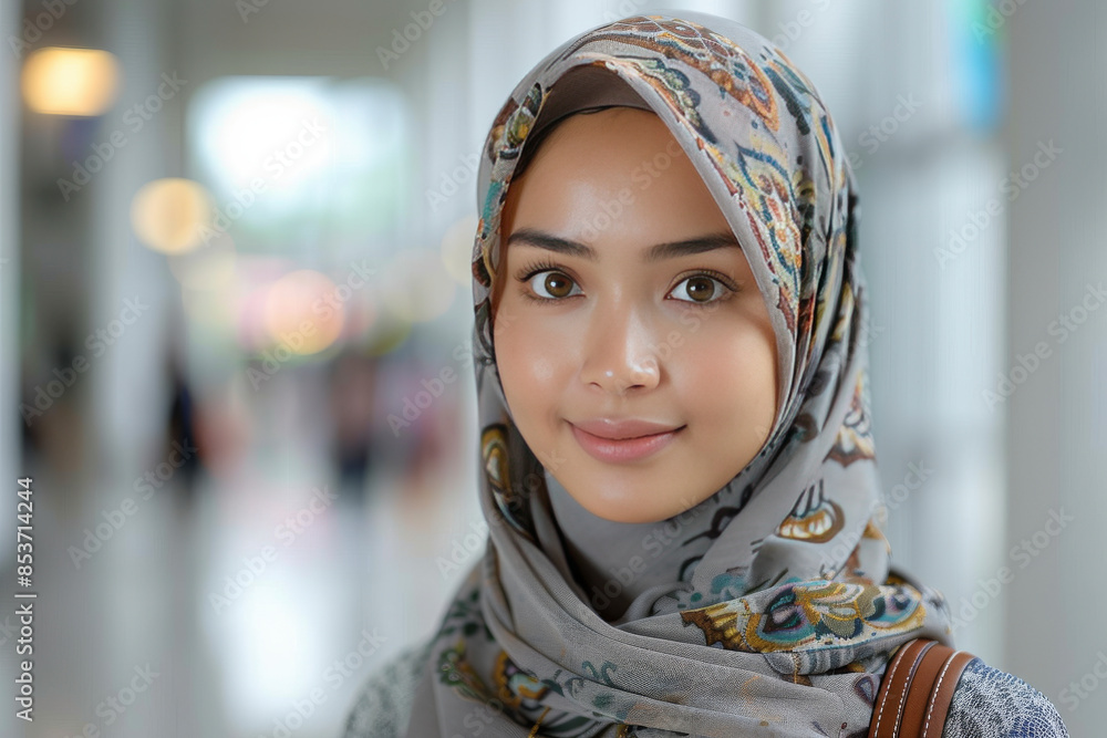 Smiling Muslim Woman in Hijab with Patterned Scarf Smiling Muslim Woman in Hijab with Patterned Scarf
