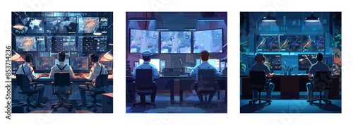 Video tracking cartoon vector scenes. Mens officers sitting back view displays camera security surveillance employees public areas roads property control watching characters, color concepts