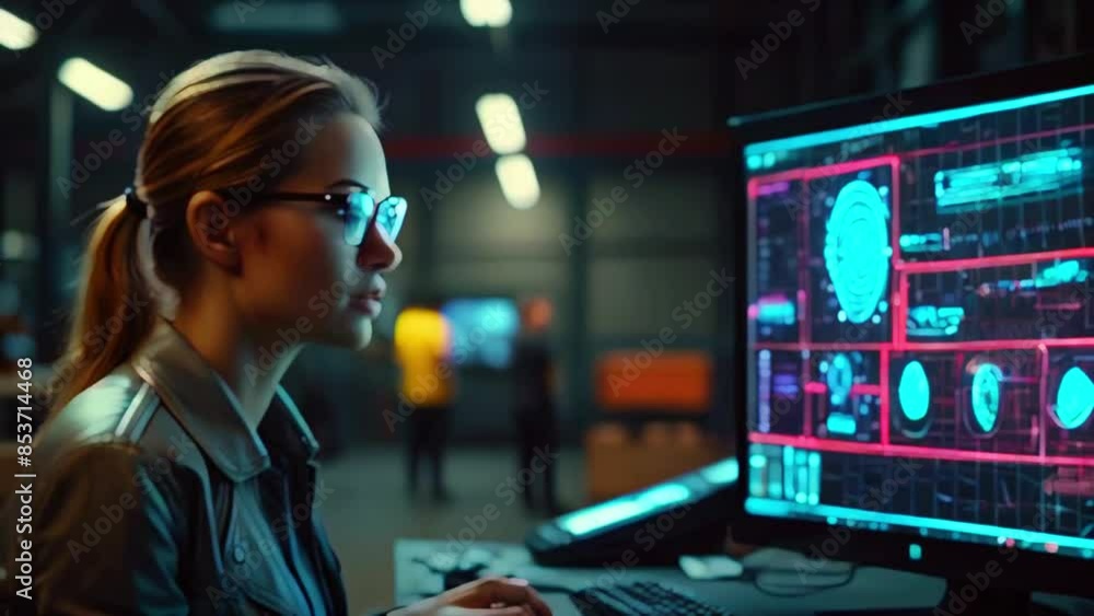 A woman wearing glasses is looking at a computer screen with a digital image of a human brain. A woman wearing glasses is looking at a computer screen with a digital image of a human brain.