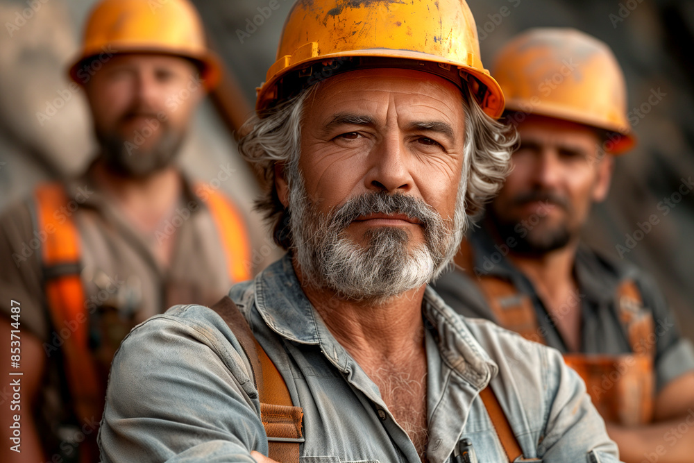 A man with a beard and a hard hat is posing for a picture with two other men. Scene is serious and professional, as the men are all wearing safety gear and are standing in a construction site A man with a beard and a hard hat is posing for a picture with two other men. Scene is serious and professional, as the men are all wearing safety gear and are standing in a construction site