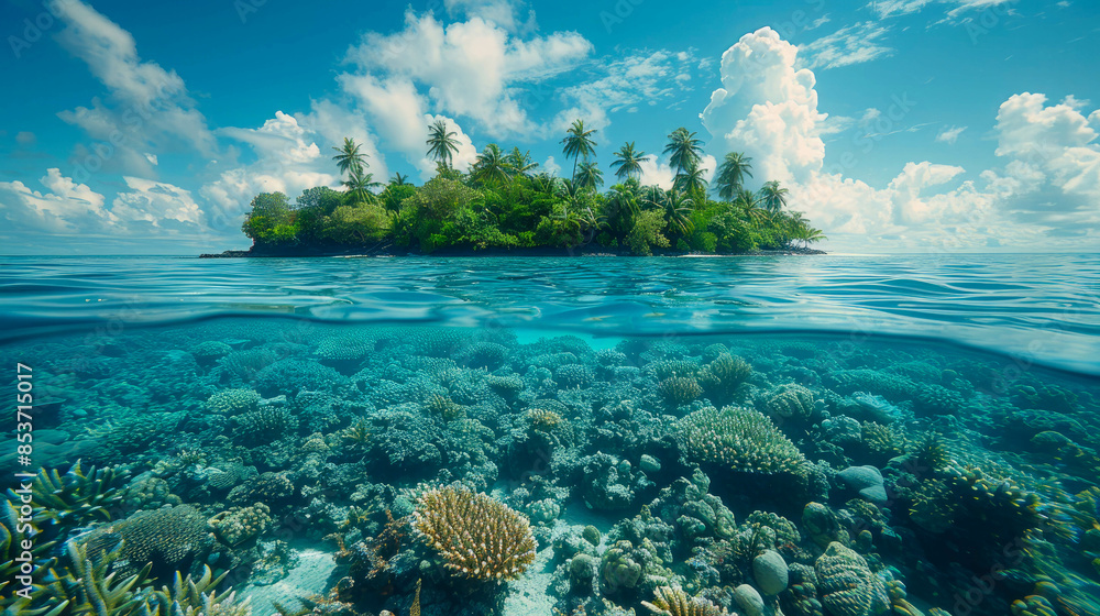 Tropical island with palm trees and coral reef atoll in the ocean Tropical island with palm trees and coral reef atoll in the ocean