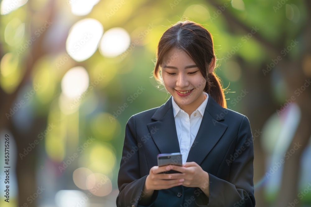 A young Japanese business woman looking at the screen of smartphone. A young Japanese business woman looking at the screen of smartphone.