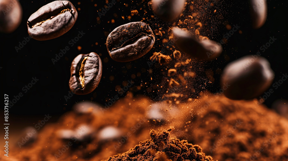 coffee beans falling into powder coffee beans falling into powder