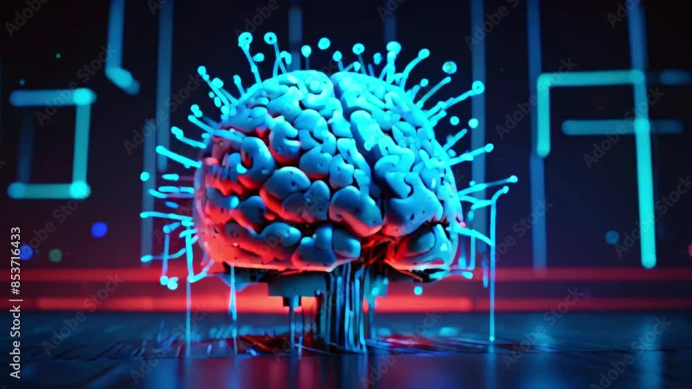 Video of a brain. It is blue and red, with a bunch of blue lines coming ...