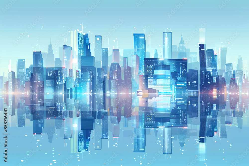 a city skyline with many tall buildings reflected in water a city skyline with many tall buildings reflected in water