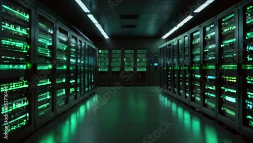 A dark room filled with tall cabinets of computer servers with bright green lights. photo