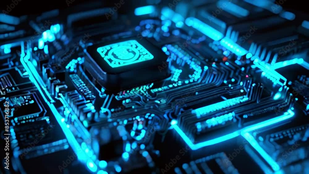 A close-up of a computer circuit board with a glowing blue light. A close-up of a computer circuit board with a glowing blue light.
