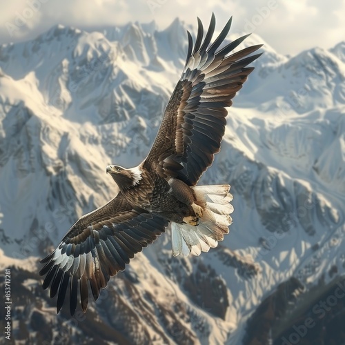 Eagle Soaring Over Snowy Mountains. © suratin