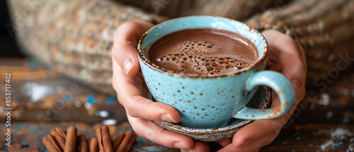person enjoying a rich and creamy cup of hot chocolate photo