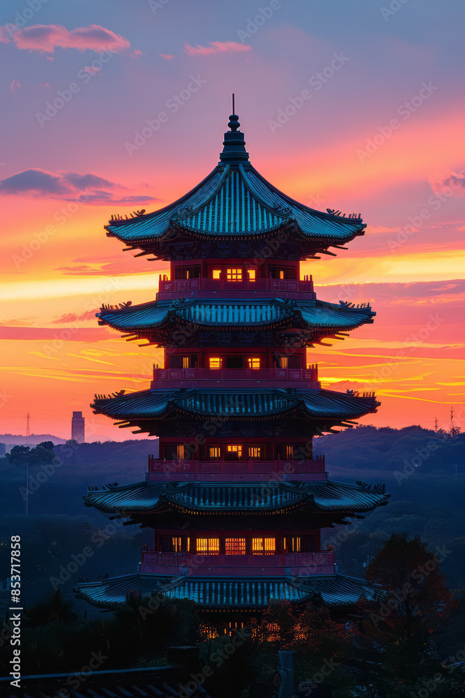 Elegant depiction of a pagoda silhouetted against a pastel-colored sunset sky, Elegant depiction of a pagoda silhouetted against a pastel-colored sunset sky,