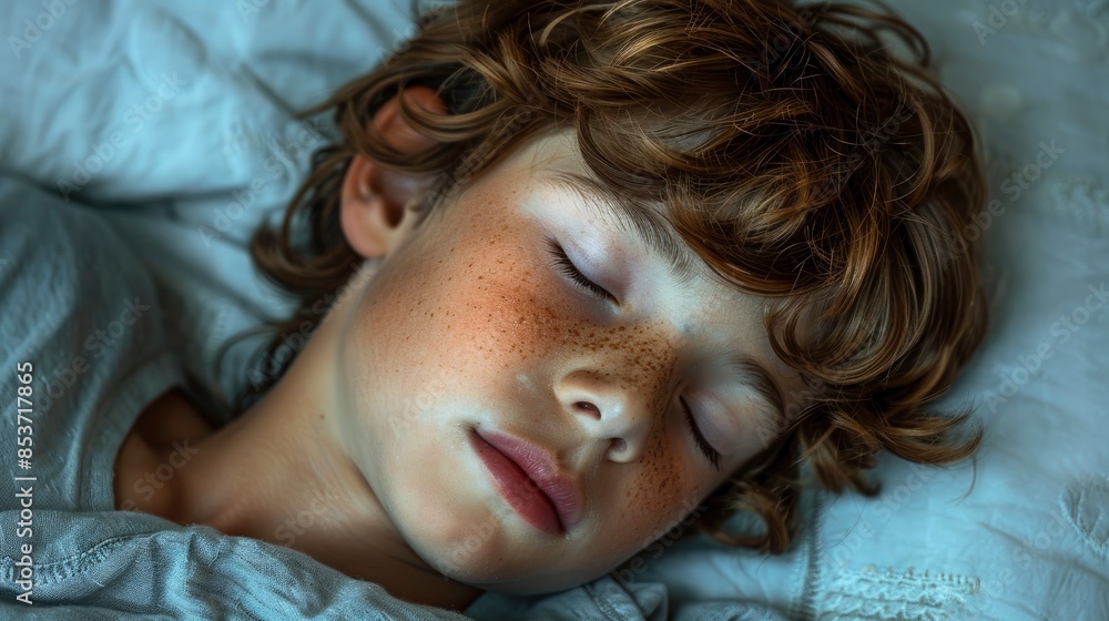 Naklejka premium A Boy Sleeps Peacefully, His Dreams Carrying Him To Unknown Adventures, High Quality, HD