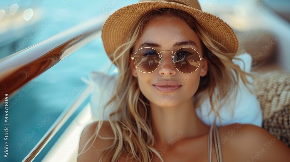 A woman with a straw hat and sunglasses is lounging casually on a yacht with water visible in the background A woman with a straw hat and sunglasses is lounging casually on a yacht with water visible in the background