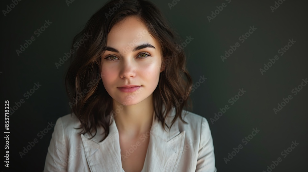 Fototapeta premium A woman with dark hair and brown eyes stares intently at the camera