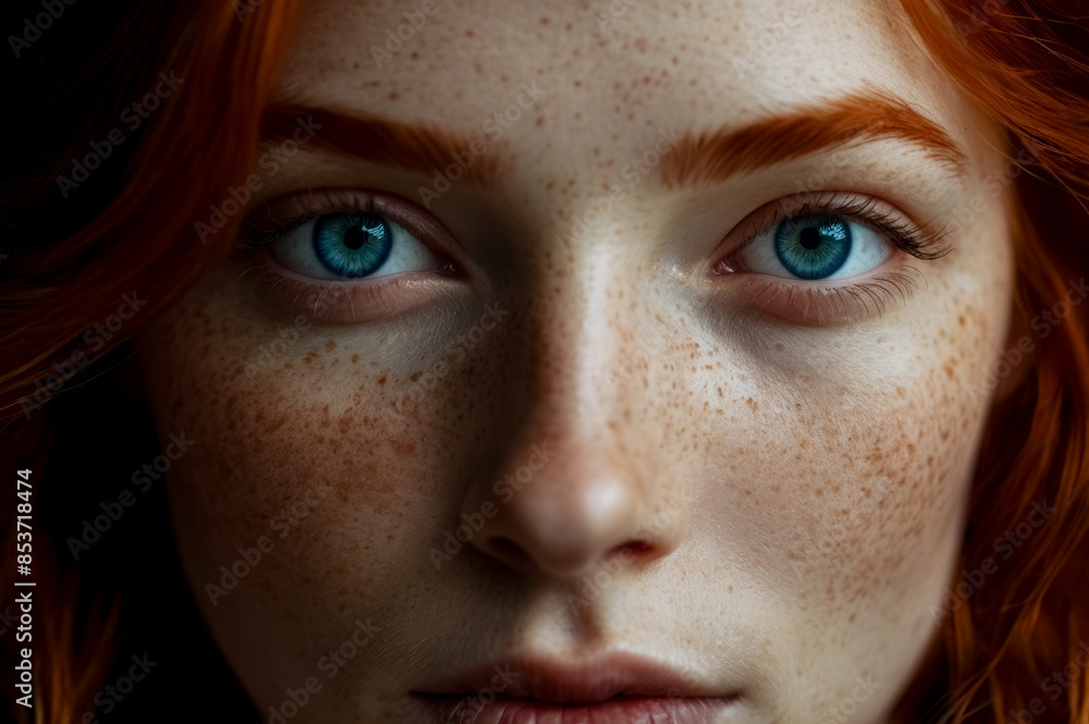 Close-Up Portrait of a Redheaded Woman with Freckles and Intense Blue Eyes, Conceptualizing Beauty and Natural Features Close-Up Portrait of a Redheaded Woman with Freckles and Intense Blue Eyes, Conceptualizing Beauty and Natural Features