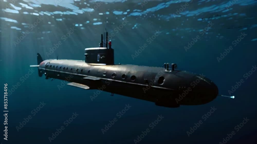 A black submarine is underwater. A black submarine is underwater.