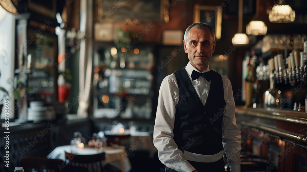 a man in a vest and bow tie standing in a bar a man in a vest and bow tie standing in a bar