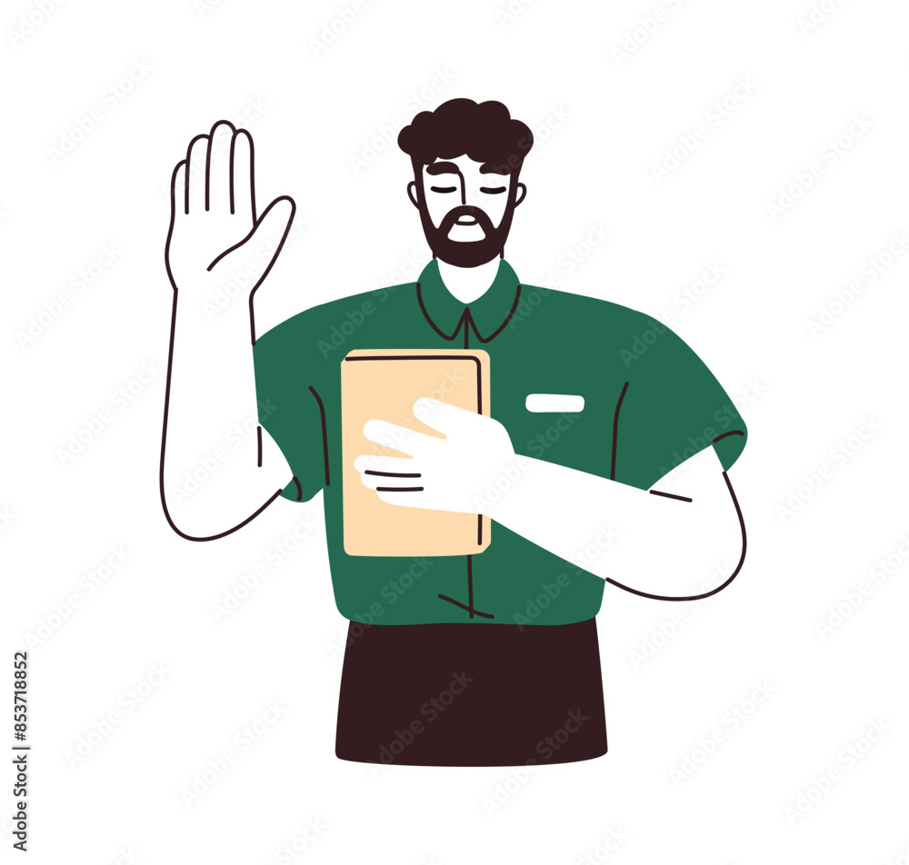 Oath swearing man. Promise of honesty, loyalty and commitment. Sincere dedication, guarantee and faith. Hand raised, book on chest. Concept flat vector illustration isolated on white background Oath swearing man. Promise of honesty, loyalty and commitment. Sincere dedication, guarantee and faith. Hand raised, book on chest. Concept flat vector illustration isolated on white background
