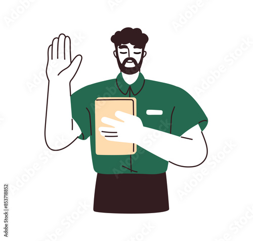 Oath swearing man. Promise of honesty, loyalty and commitment. Sincere dedication, guarantee and faith. Hand raised, book on chest. Concept flat vector illustration isolated on white background