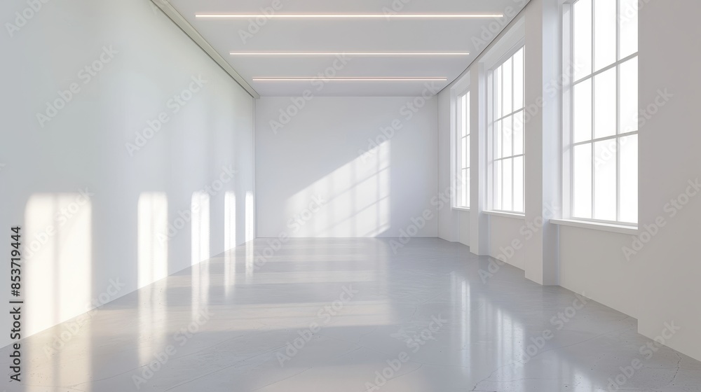 Fototapeta premium Empty, brightly lit room with white walls and floor, large windows with multiple panes, and linear lighting along the ceiling
