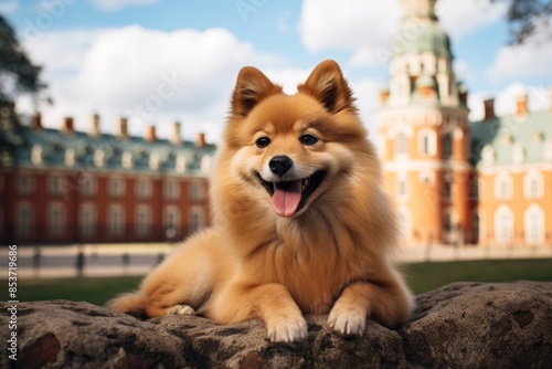 Portrait of a happy finnish spitz in front of backdrop of a grand castle photo