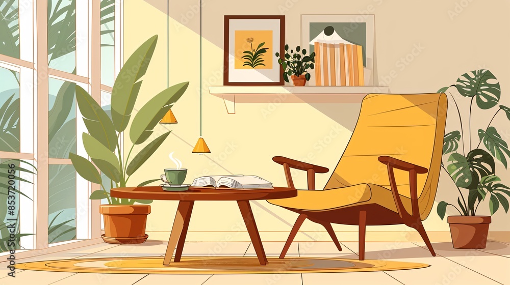 Fototapeta premium Vector of interior design with wooden coffee table setup.