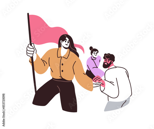 Leadership concept. Woman leader with flag leading team. Support, guidance and motivation in business. Mentor helping group achieve goals, aims. Flat vector illustration isolated on white background