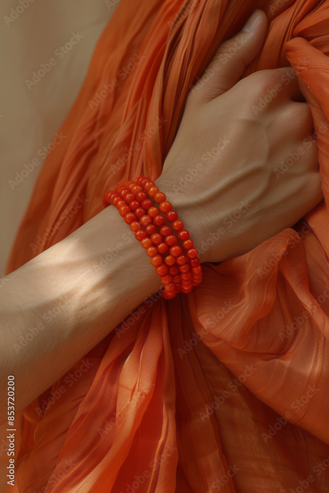 Fototapeta premium Minimalist shot of a sacred Hindu thread (Raksha Sutra) tied around a wrist, against a clean background,