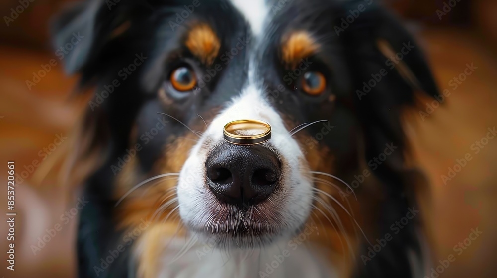 A detailed close-up of a dog looking directly at the camera, with a wedding ring perched on its nose, showcasing innocence and trust A detailed close-up of a dog looking directly at the camera, with a wedding ring perched on its nose, showcasing innocence and trust